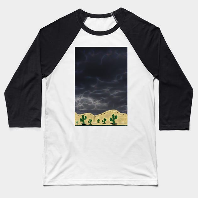 very black rain filled sky with a few stylized cactus plants Baseball T-Shirt by mister-john